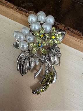 VIntage RMN Signed Faux Pearl Yellow Floral Brooch Pin